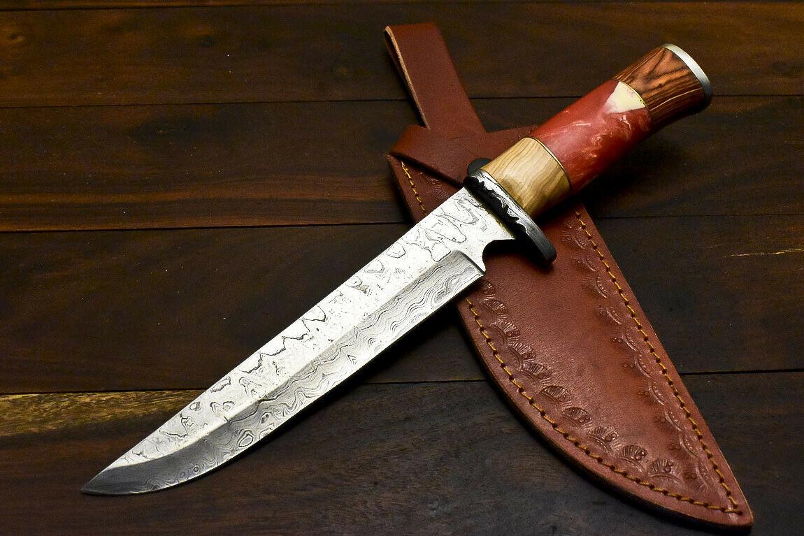 12.8" Handmade Damascus Bowie Knife – Corian Trailing Art Handle