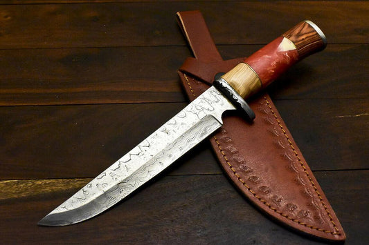 12.8" Handmade Damascus Bowie Knife Damascus Steel Knife With Corian Trailing Art Handle