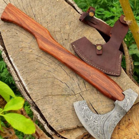 Handmade Damascus Steel Viking Bearded Camping Hatchet Tomahawk Axe | 20-Inch with Natural Wood Handle & Leather Sheath