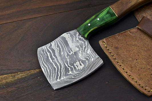 Handmade Damascus Steel Hunting Axe Knife Walnut Wood Handle Clever Chopper with Leather Sheath