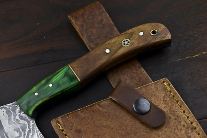 Handmade Damascus Steel Hunting Axe Knife Walnut Wood Handle Clever Chopper with Leather Sheath