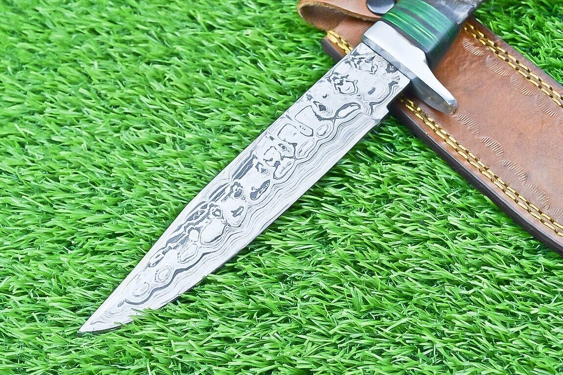 12 Inch Damascus Steel Bowie Knife with Ram Horn and Wood Handle for Hunting and Camping