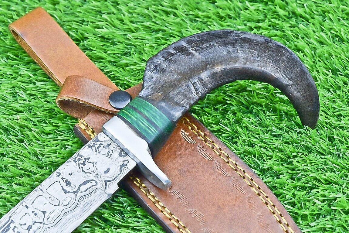 12 Inch Damascus Steel Bowie Knife with Ram Horn and Wood Handle for Hunting and Camping