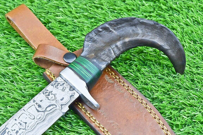 12 Inch Damascus Steel Bowie Knife with Ram Horn and Wood Handle for Hunting and Camping