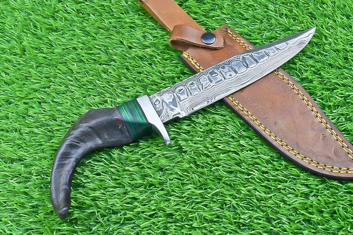 12 Inch Damascus Steel Bowie Knife with Ram Horn and Wood Handle for Hunting and Camping