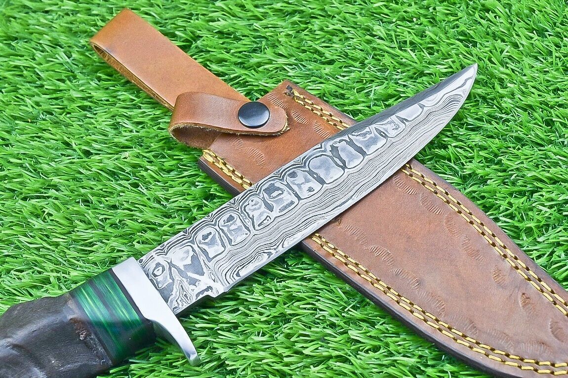 12 Inch Damascus Steel Bowie Knife with Ram Horn and Wood Handle for Hunting and Camping