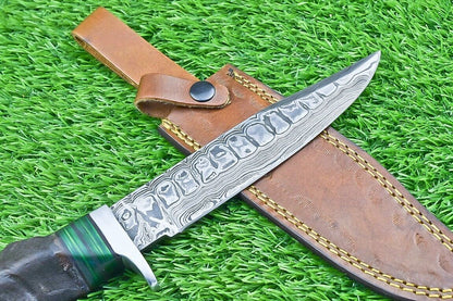 12 Inch Damascus Steel Bowie Knife with Ram Horn and Wood Handle for Hunting and Camping
