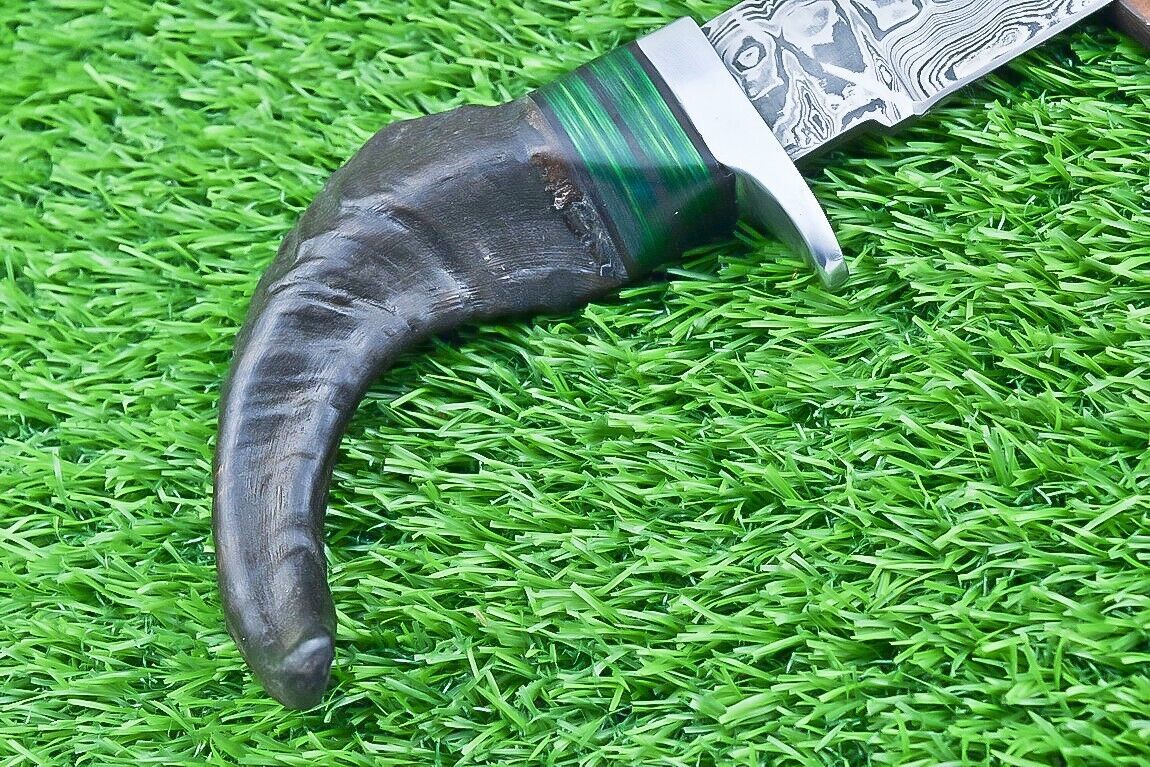 12 Inch Damascus Steel Bowie Knife with Ram Horn and Wood Handle for Hunting and Camping