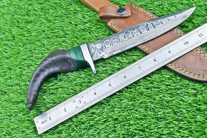 12 Inch Damascus Steel Bowie Knife with Ram Horn and Wood Handle for Hunting and Camping