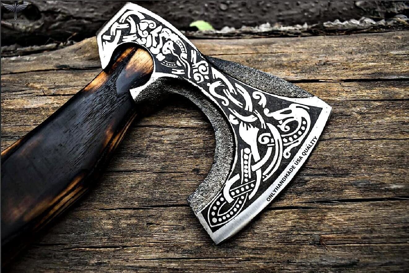 Custom Handmade Viking Bearded Axe Carbon Steel Hatchet with Ash Wood Handle