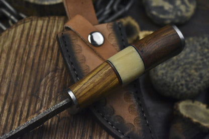 Twist Pattern Damascus Skinner Knife Bone and Wood Handle – Handmade Fixed Blade Hunting Knife