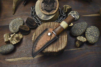 Twist Pattern Damascus Skinner Knife Bone and Wood Handle – Handmade Fixed Blade Hunting Knife