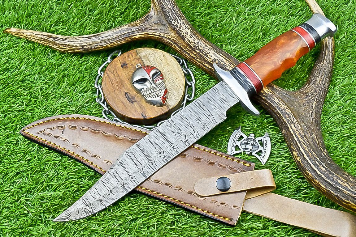14" Premium Damascus Bowie Knife – Camel Bone & Resin Handle with Leather Sheath