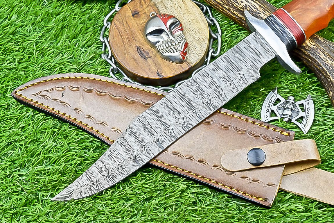 14" Premium Damascus Bowie Knife – Camel Bone & Resin Handle with Leather Sheath
