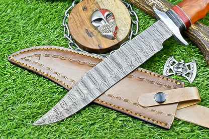 14" Premium Damascus Bowie Knife – Camel Bone & Resin Handle with Leather Sheath