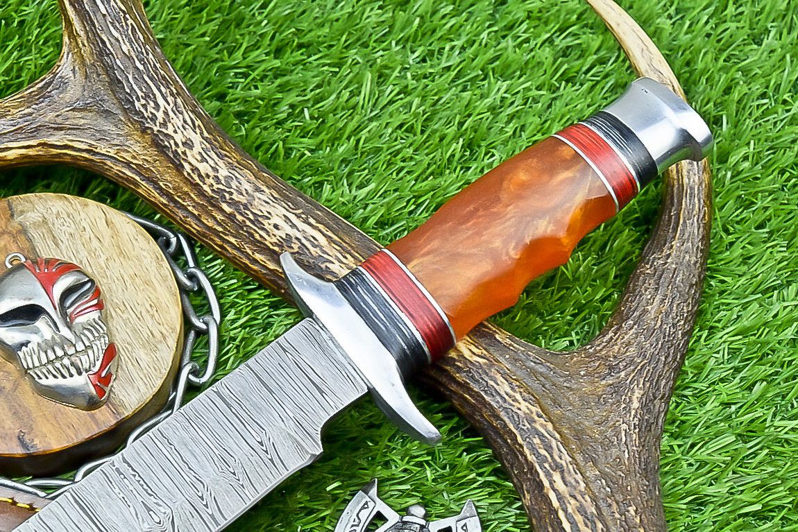 14" Premium Damascus Bowie Knife – Camel Bone & Resin Handle with Leather Sheath