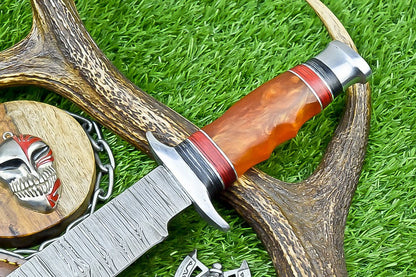14" Premium Damascus Bowie Knife – Camel Bone & Resin Handle with Leather Sheath