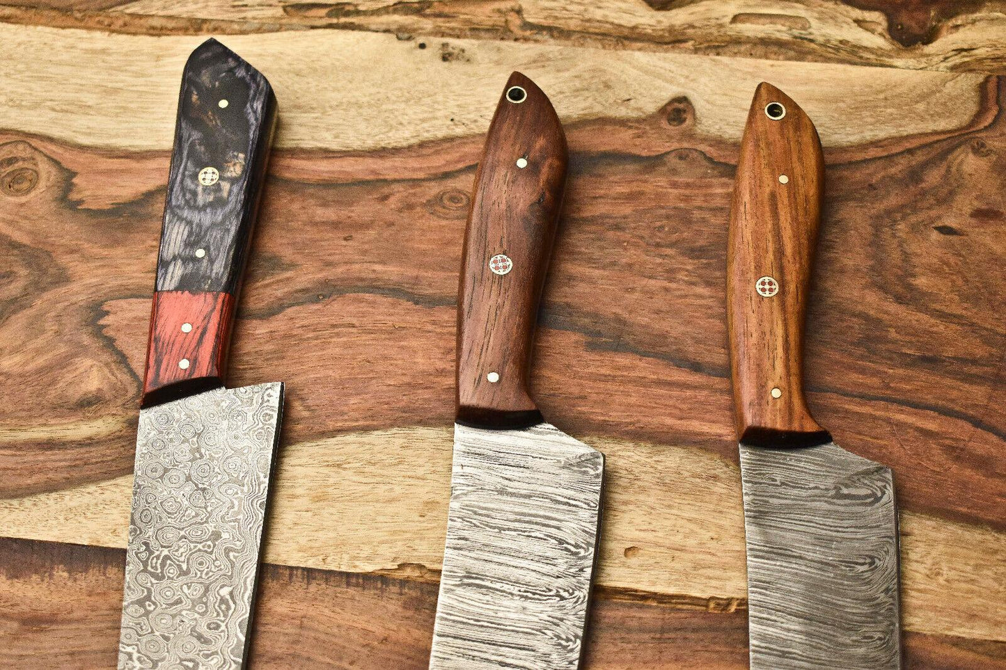 Set of 3 Custom Handmade Damascus Steel Chef Knives – Full Tang Kitchen Blades