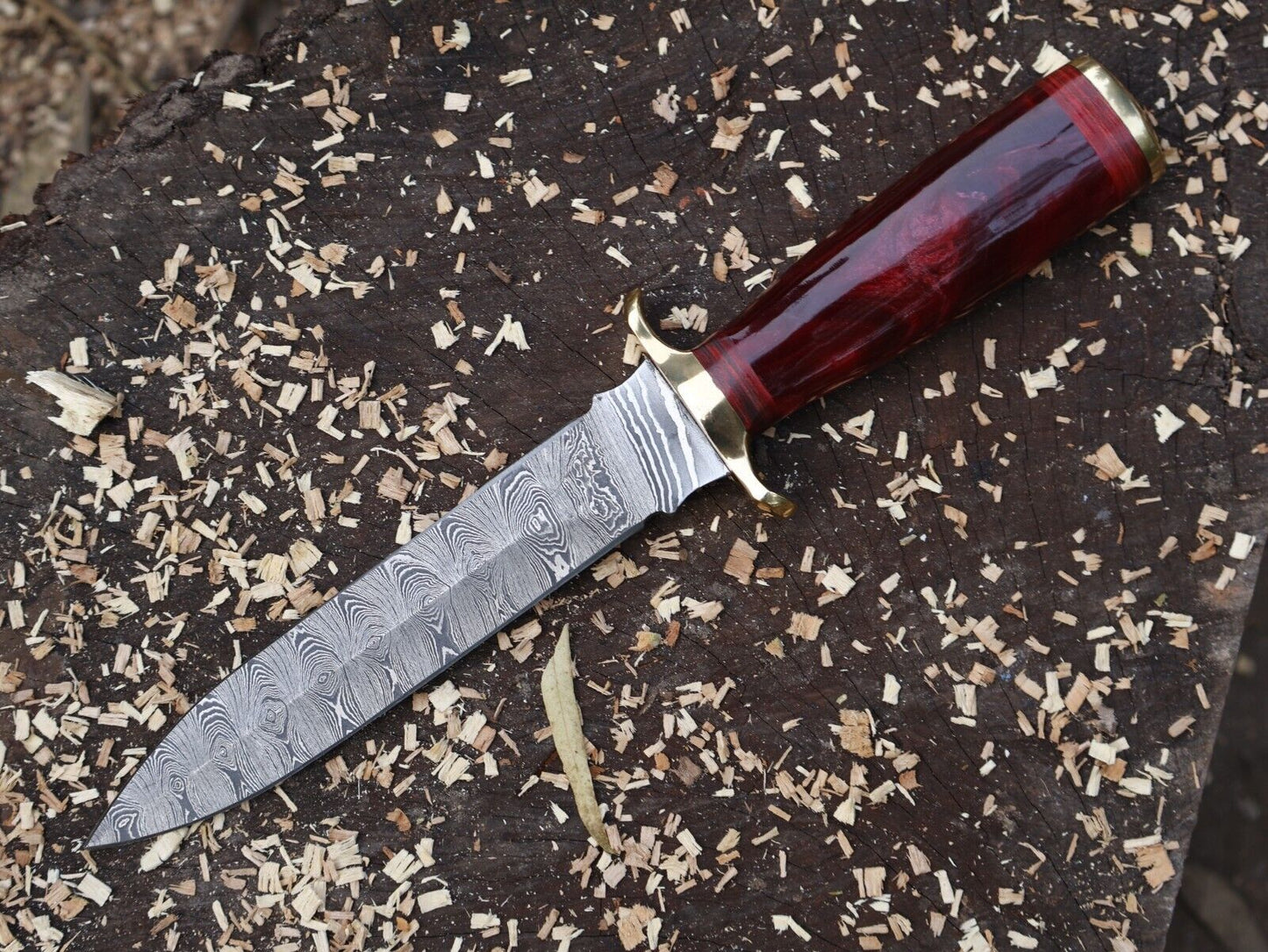 Damascus Steel Bowie Knife Resin Hardwood Handle Camping Dagger