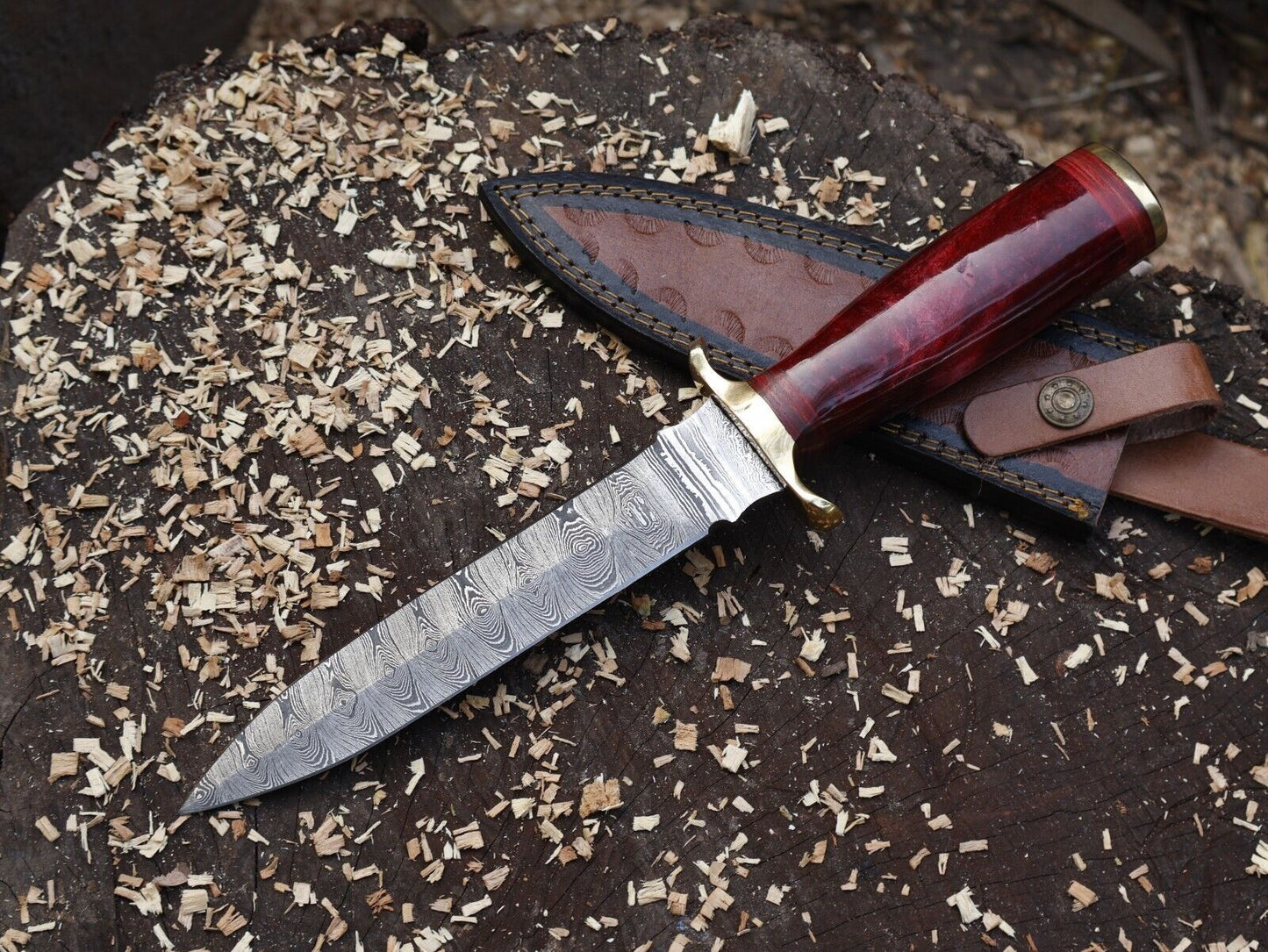 Damascus Steel Bowie Knife Resin Hardwood Handle Camping Dagger