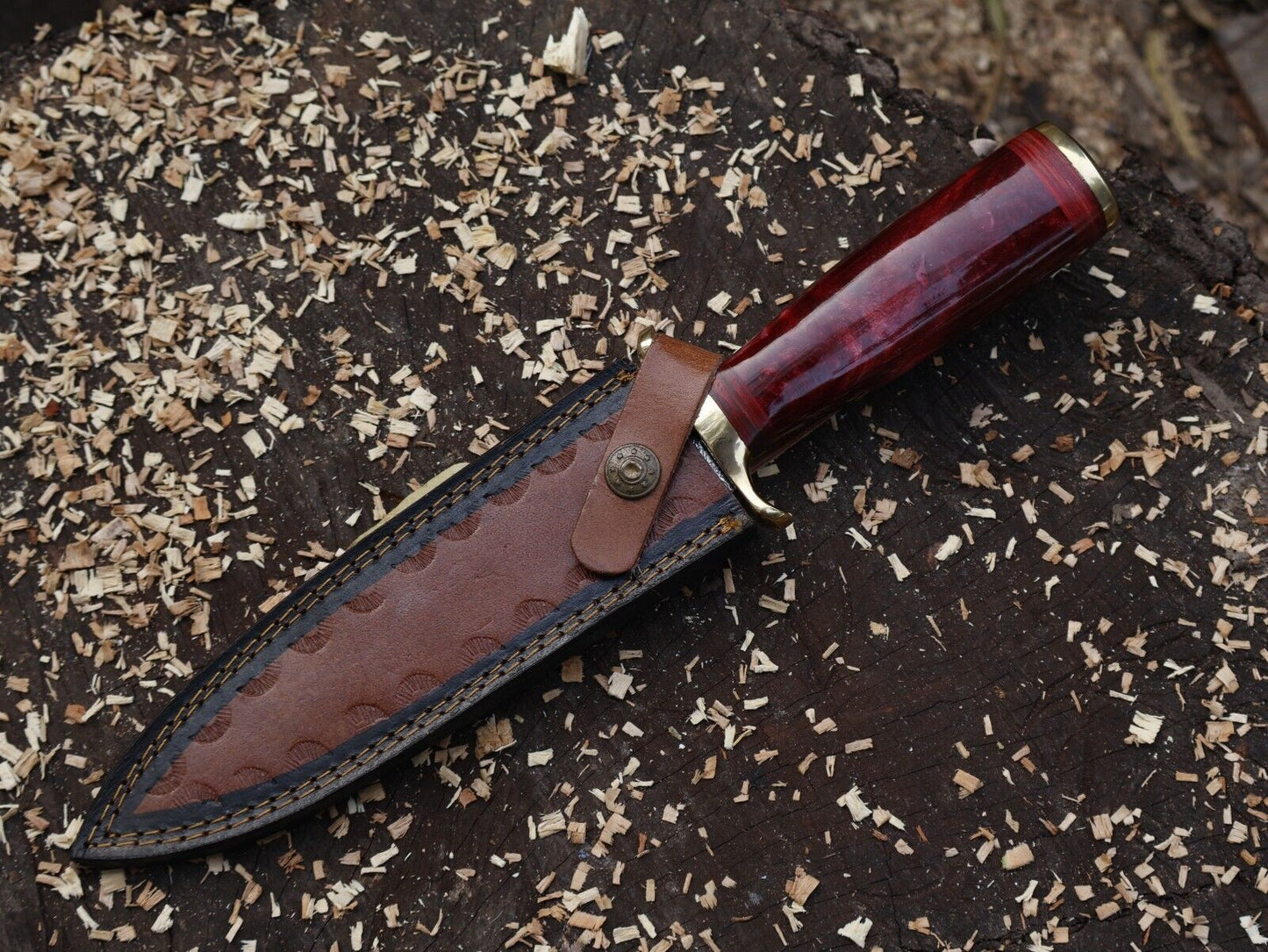 Damascus Steel Bowie Knife Resin Hardwood Handle Camping Dagger