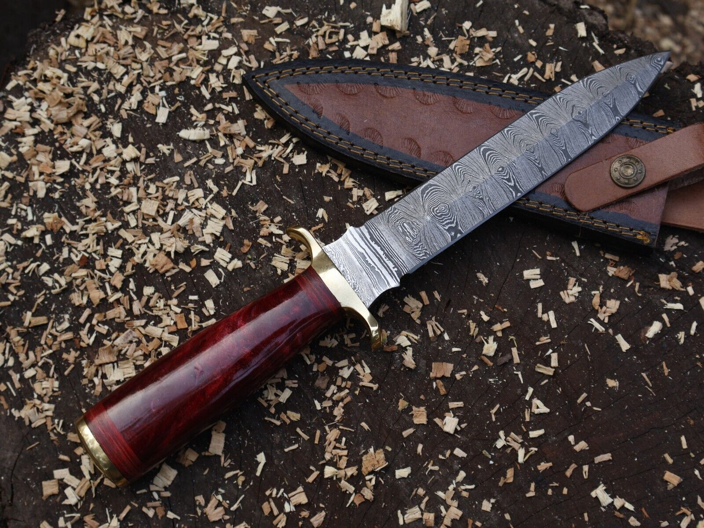 Damascus Steel Bowie Knife Resin Hardwood Handle Camping Dagger