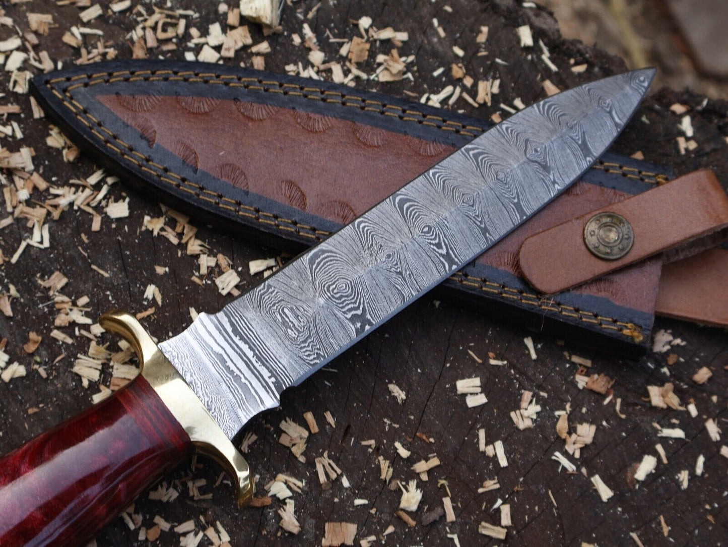 Damascus Steel Bowie Knife Resin Hardwood Handle Camping Dagger