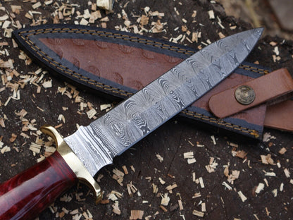 Damascus Steel Bowie Knife Resin Hardwood Handle Camping Dagger