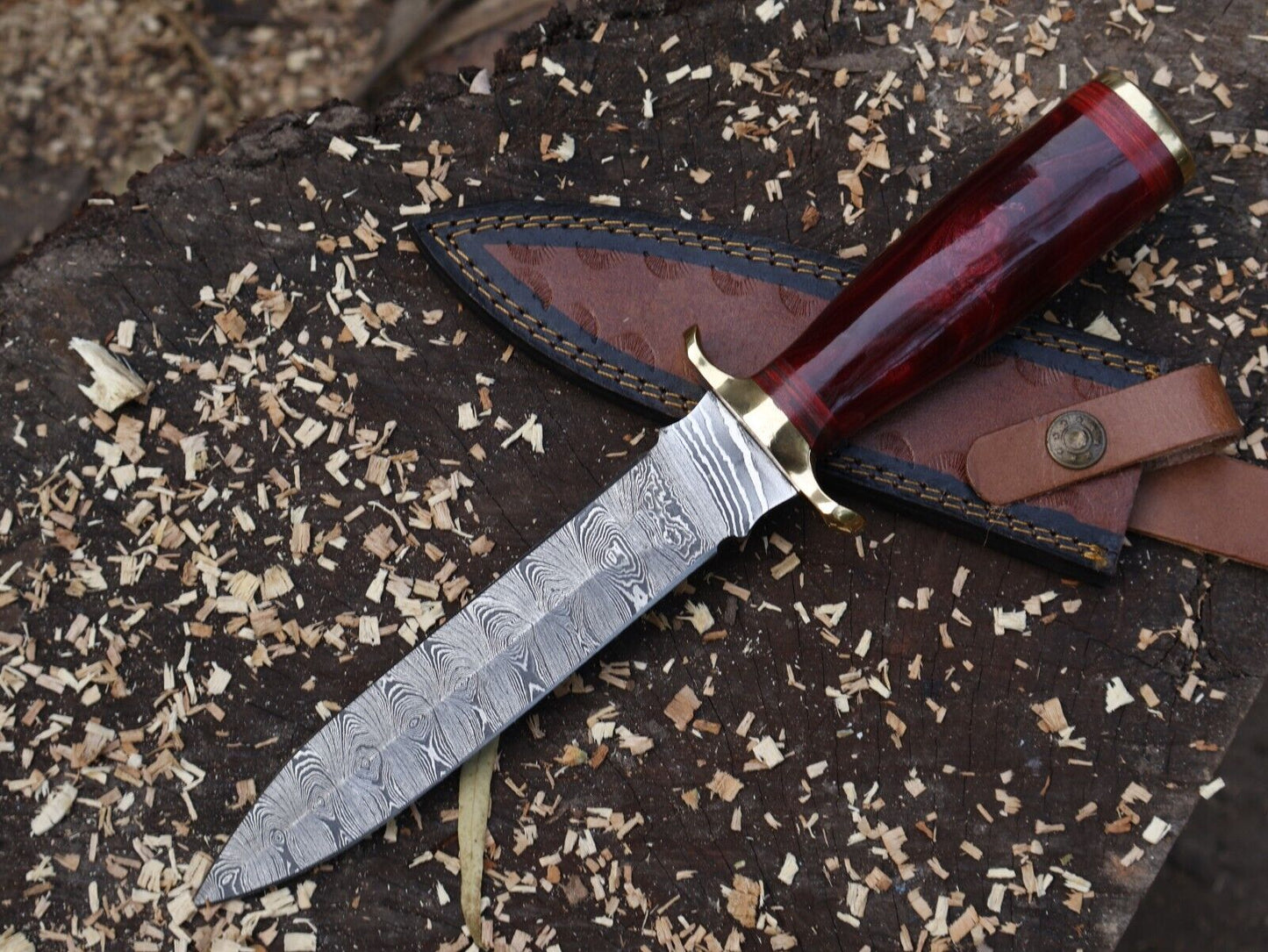 Damascus Steel Bowie Knife Resin Hardwood Handle Camping Dagger