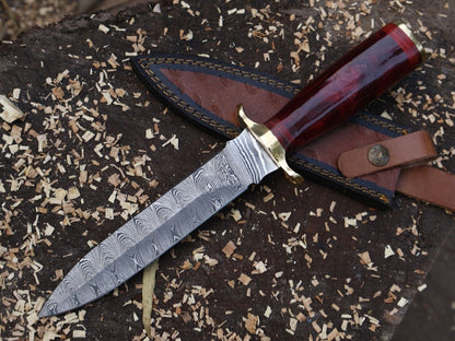 Damascus Steel Bowie Knife Resin Hardwood Handle Camping Dagger