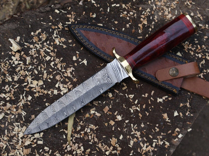 Damascus Steel Bowie Knife Resin Hardwood Handle Camping Dagger