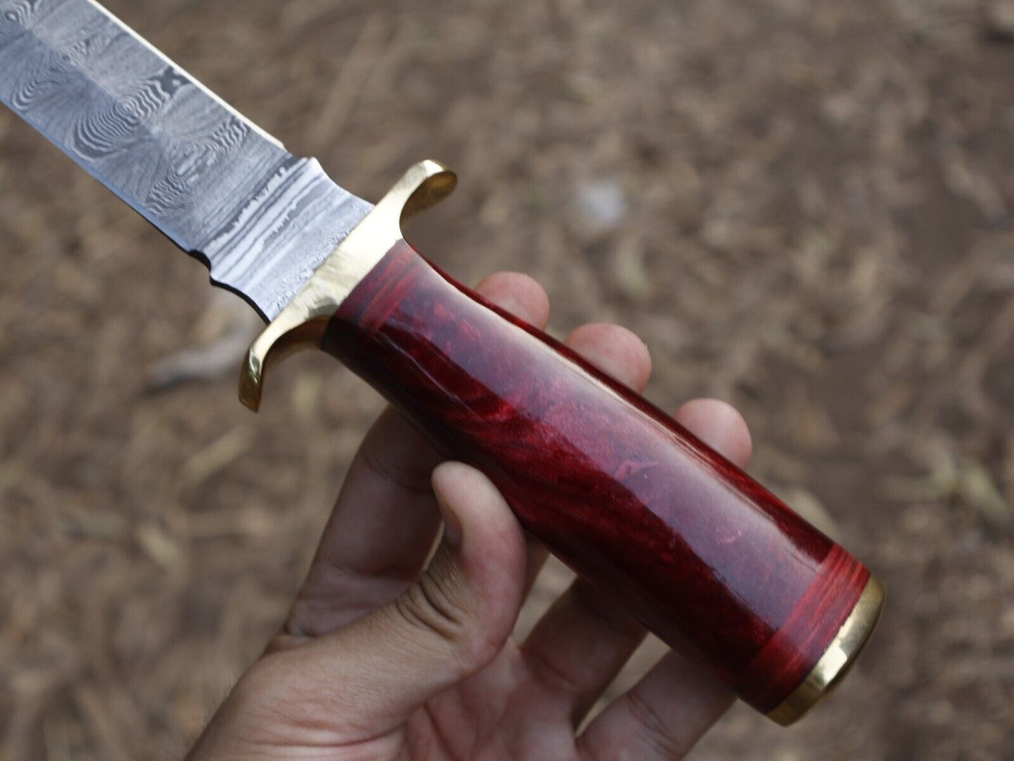 Damascus Steel Bowie Knife Resin Hardwood Handle Camping Dagger
