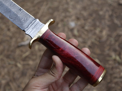 Damascus Steel Bowie Knife Resin Hardwood Handle Camping Dagger
