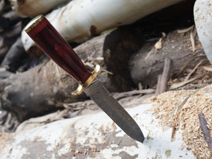Damascus Steel Bowie Knife Resin Hardwood Handle Camping Dagger