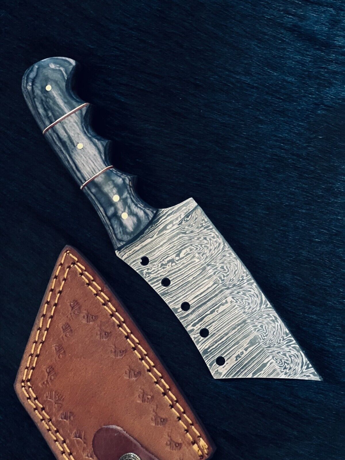 Heritage Forge 9 Inch Custom Fire Damascus Steel Cleaver Knife with Camel Bone and Wood Handle