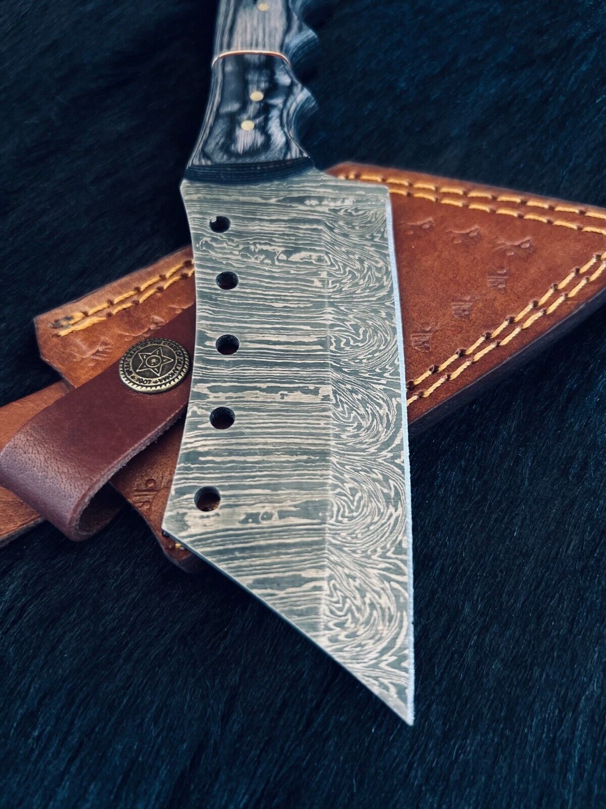Heritage Forge 9 Inch Custom Fire Damascus Steel Cleaver Knife with Camel Bone and Wood Handle