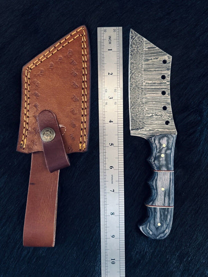 Heritage Forge 9 Inch Custom Fire Damascus Steel Cleaver Knife with Camel Bone and Wood Handle