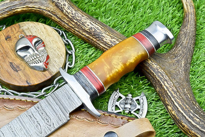 14" Premium Handmade Damascus Bowie Knife – Resin Handle & Leather Sheath