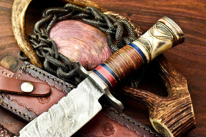 12" Handmade Damascus Bowie Hunting Knife | Stained Camel Bone Handle