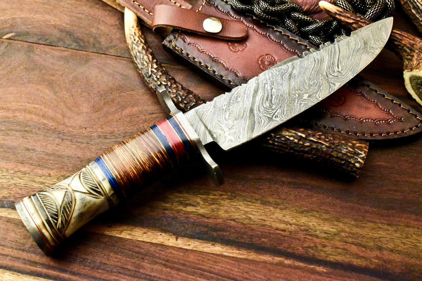 12" Handmade Damascus Bowie Hunting Knife | Stained Camel Bone Handle