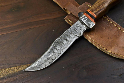 11" Hand Forged Damascus Combat Bowie Knife – Walnut Wood Handle & Leather Sheath