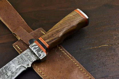 11" Hand Forged Damascus Combat Bowie Knife – Walnut Wood Handle & Leather Sheath