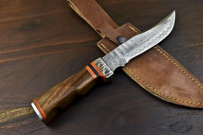 11" Hand Forged Damascus Combat Bowie Knife – Walnut Wood Handle & Leather Sheath