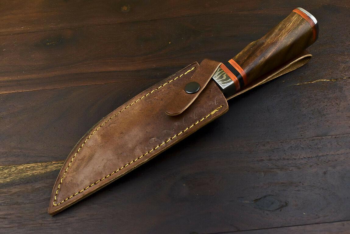 11" Hand Forged Damascus Combat Bowie Knife – Walnut Wood Handle & Leather Sheath
