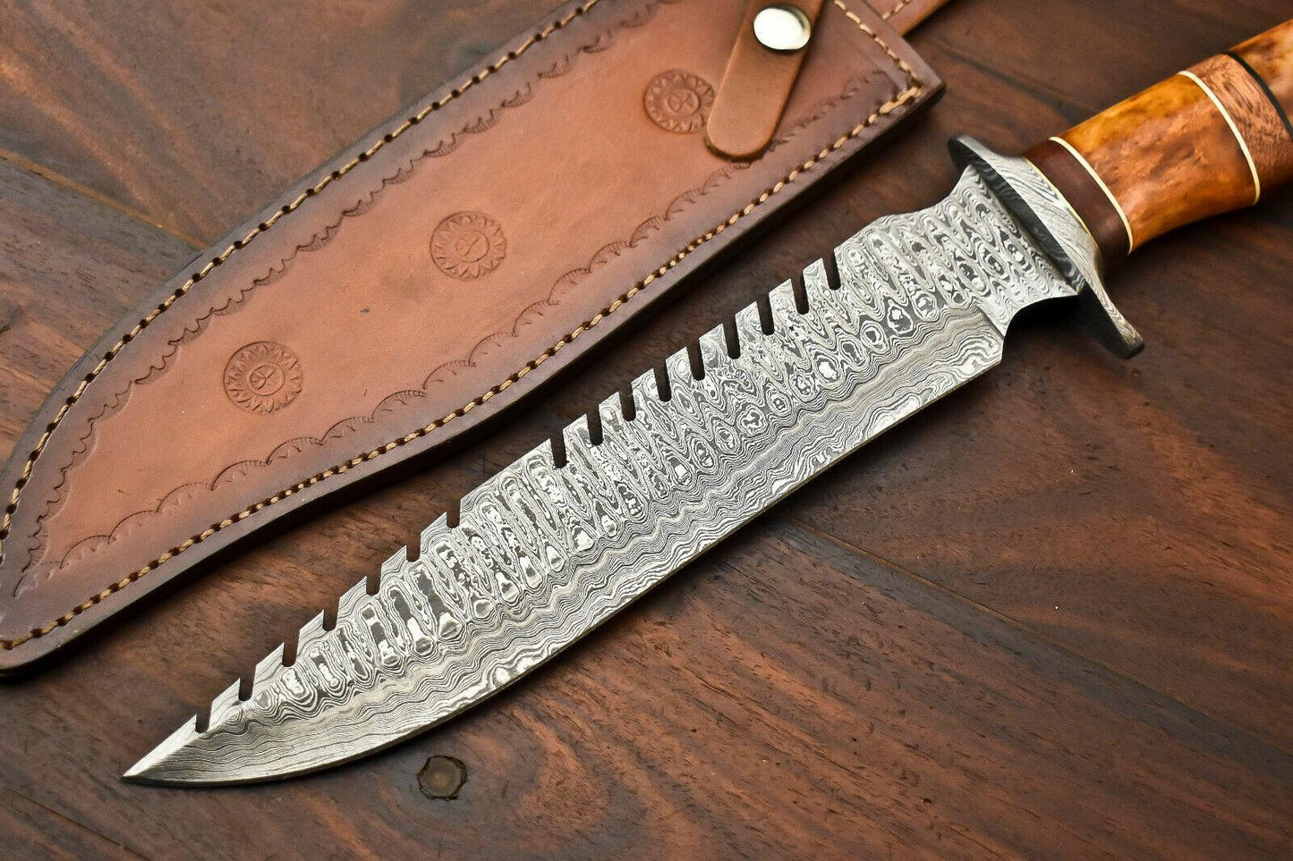 15" Handmade Damascus Steel Bowie Knife with Camel Bone Handle