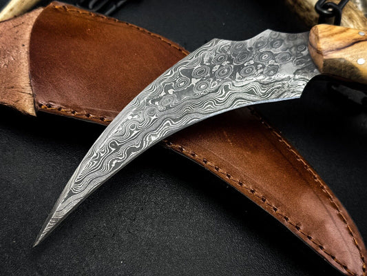 Handmade 8” Damascus Karambit Damascus Steel Hunting Knife with Bone and Wood Handle