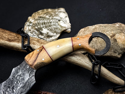 Handmade 8” Damascus Karambit Damascus Steel Hunting Knife with Bone and Wood Handle