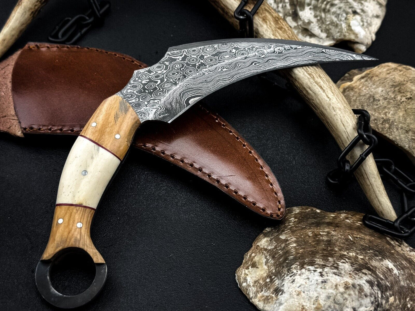 Handmade 8” Damascus Karambit Damascus Steel Hunting Knife with Bone and Wood Handle