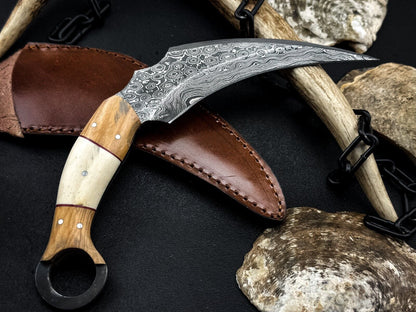 Handmade 8” Damascus Karambit Damascus Steel Hunting Knife with Bone and Wood Handle
