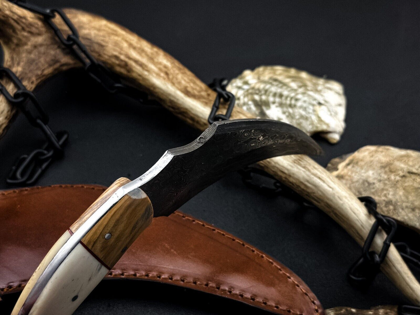 Handmade 8” Damascus Karambit Damascus Steel Hunting Knife with Bone and Wood Handle